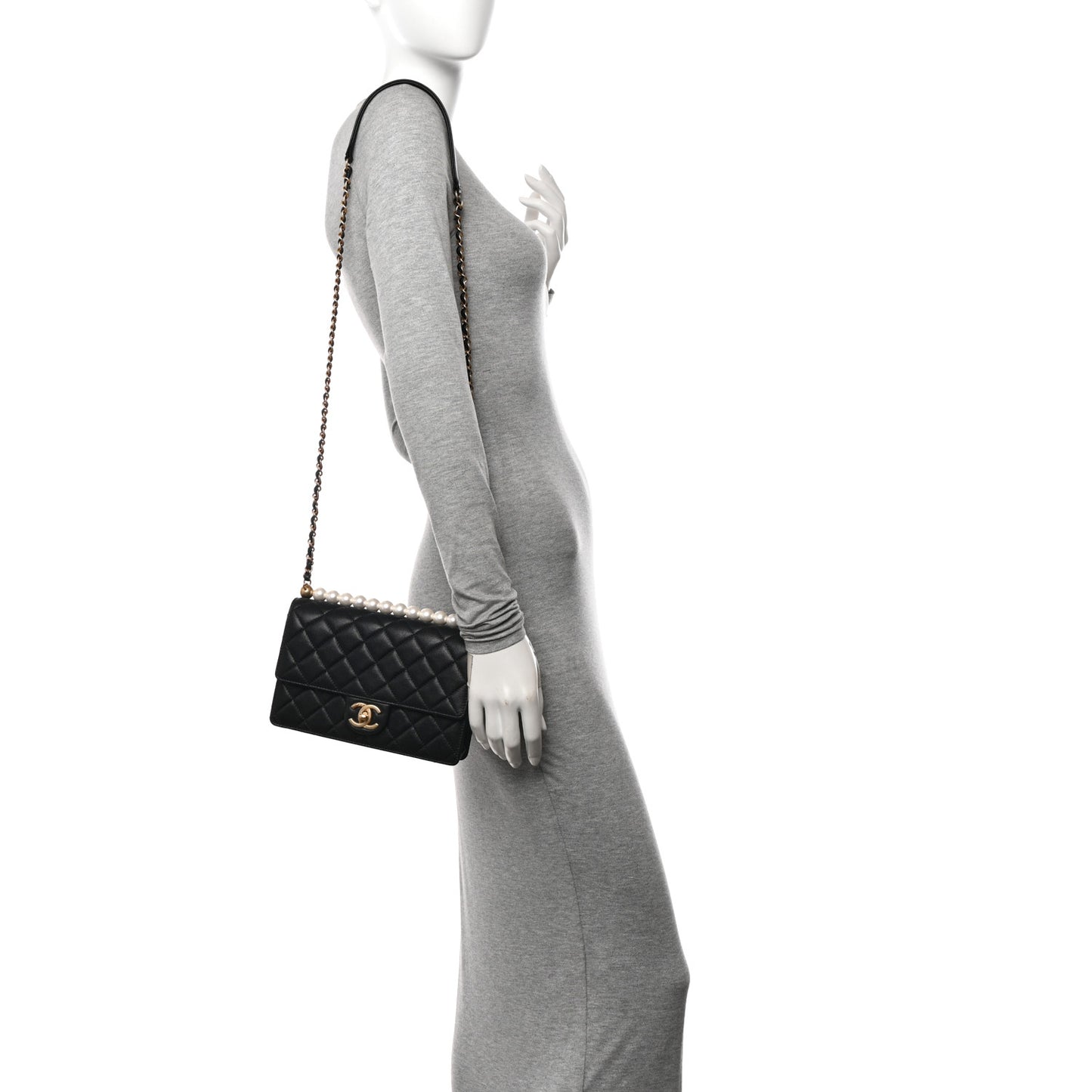 Goatskin Quilted Small Chic Pearls Flap Black