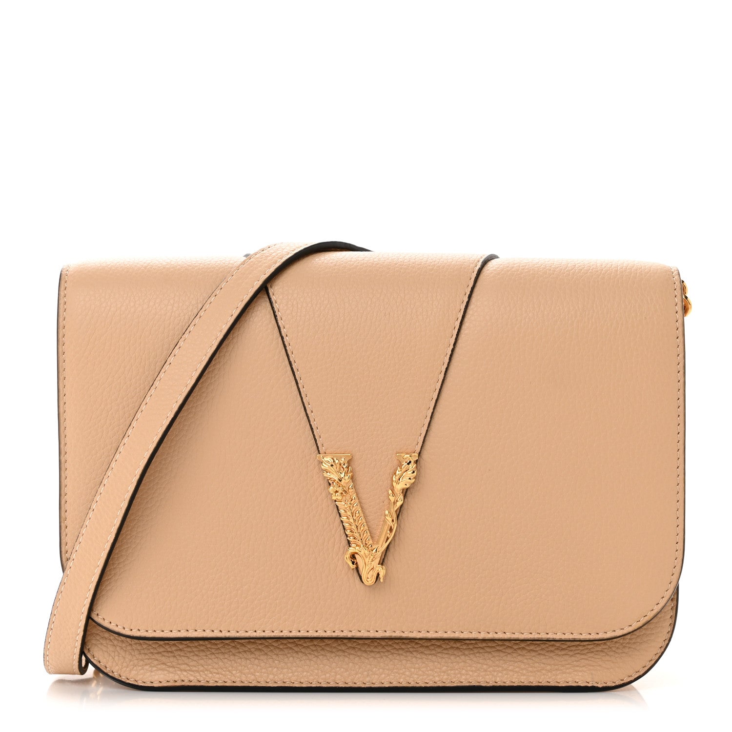 Versace Grained Calfskin Virtus Shoulder Bag Beige 1 of 10
