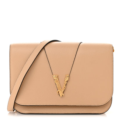 Versace Grained Calfskin Virtus Shoulder Bag Beige 1 of 10