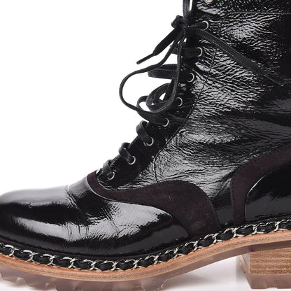 Chanel Patent Suede Calfskin Lace Up Short Boots 36 Black Dark Brown 12 of 13