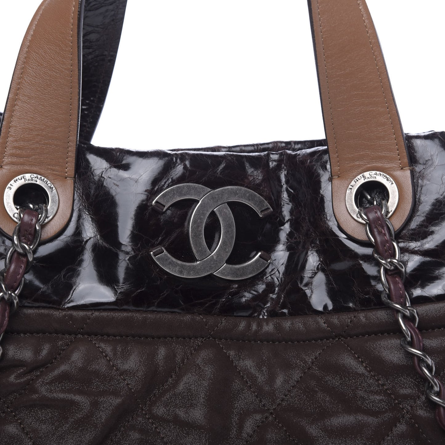Iridescent Calfskin Quilted Large In The Mix Tote Dark Brown