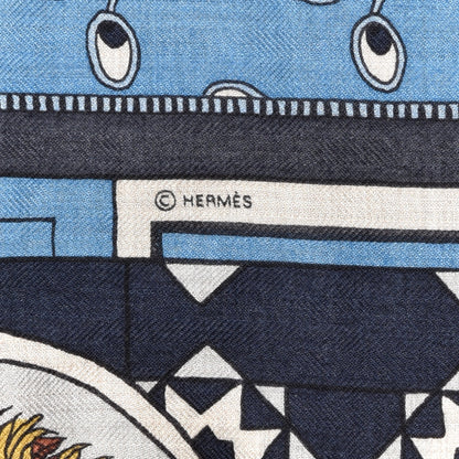 Hermes Cashmere Silk La Danse Des Amazones Shawl 140 Bleu Gris Vert 4 of 6
