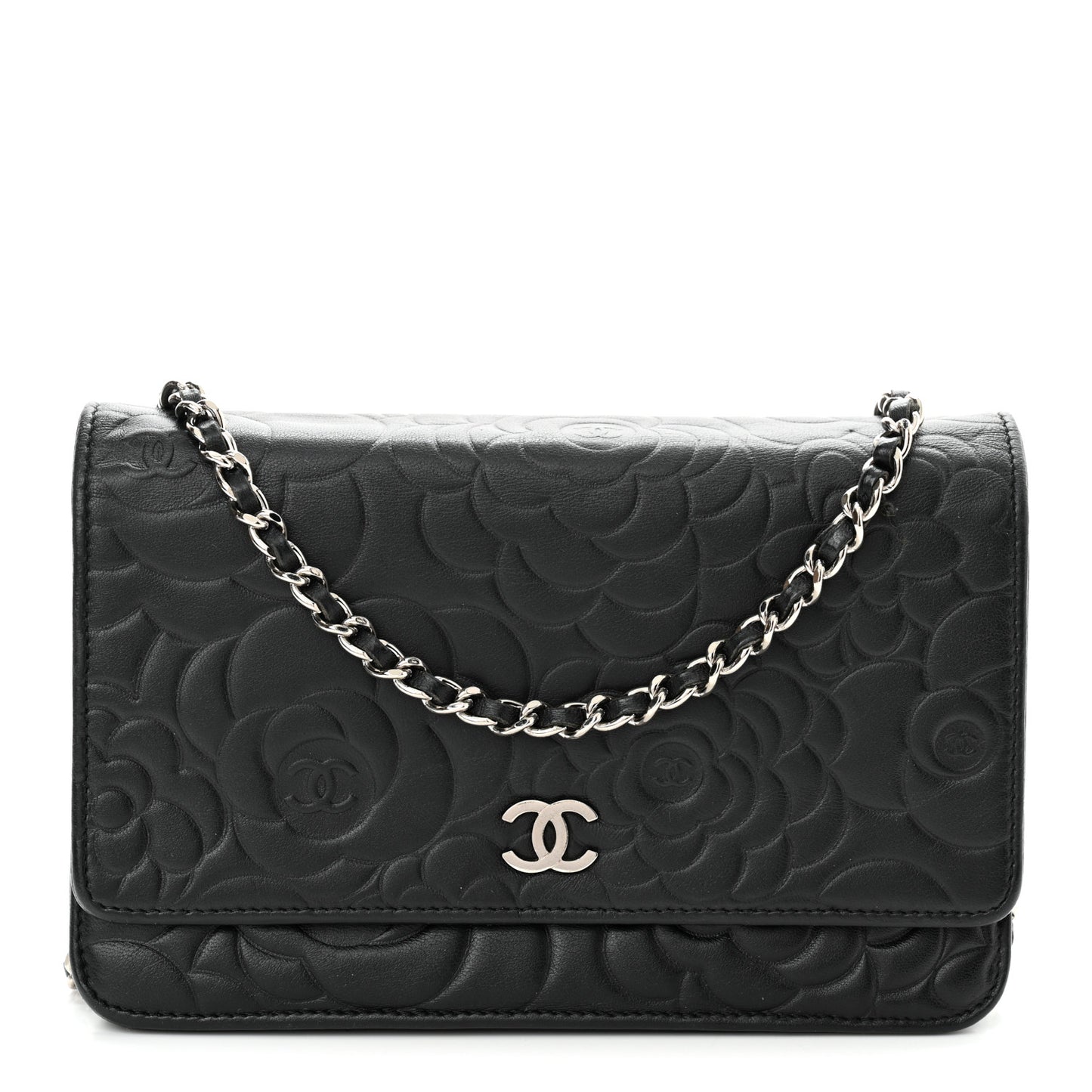 Lambskin Camellia Embossed Wallet on Chain WOC Black