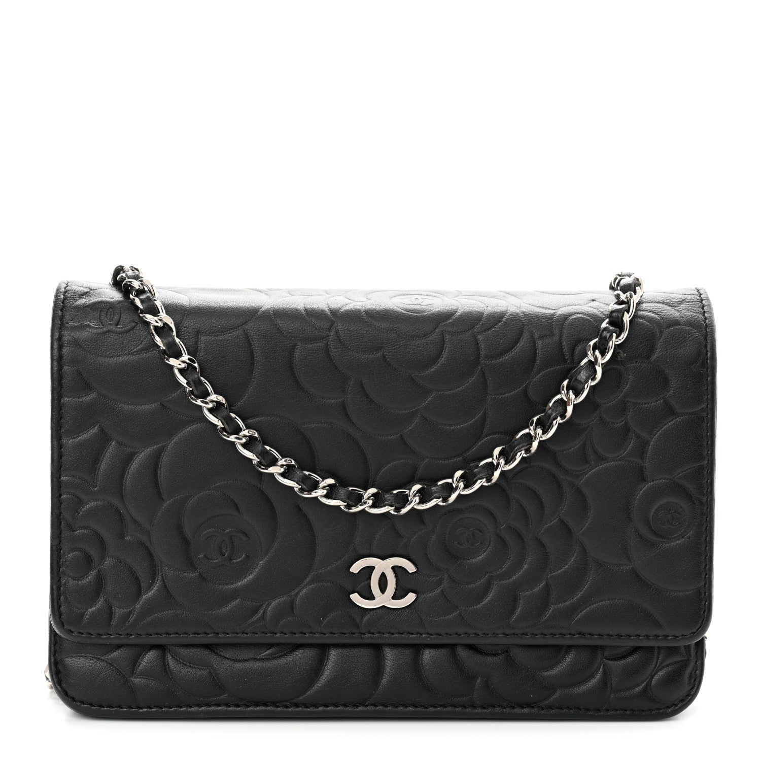 Chanel Lambskin Camellia Embossed Wallet on Chain WOC Black 1 of 10