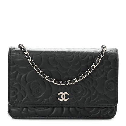 Chanel Lambskin Camellia Embossed Wallet on Chain WOC Black 1 of 10