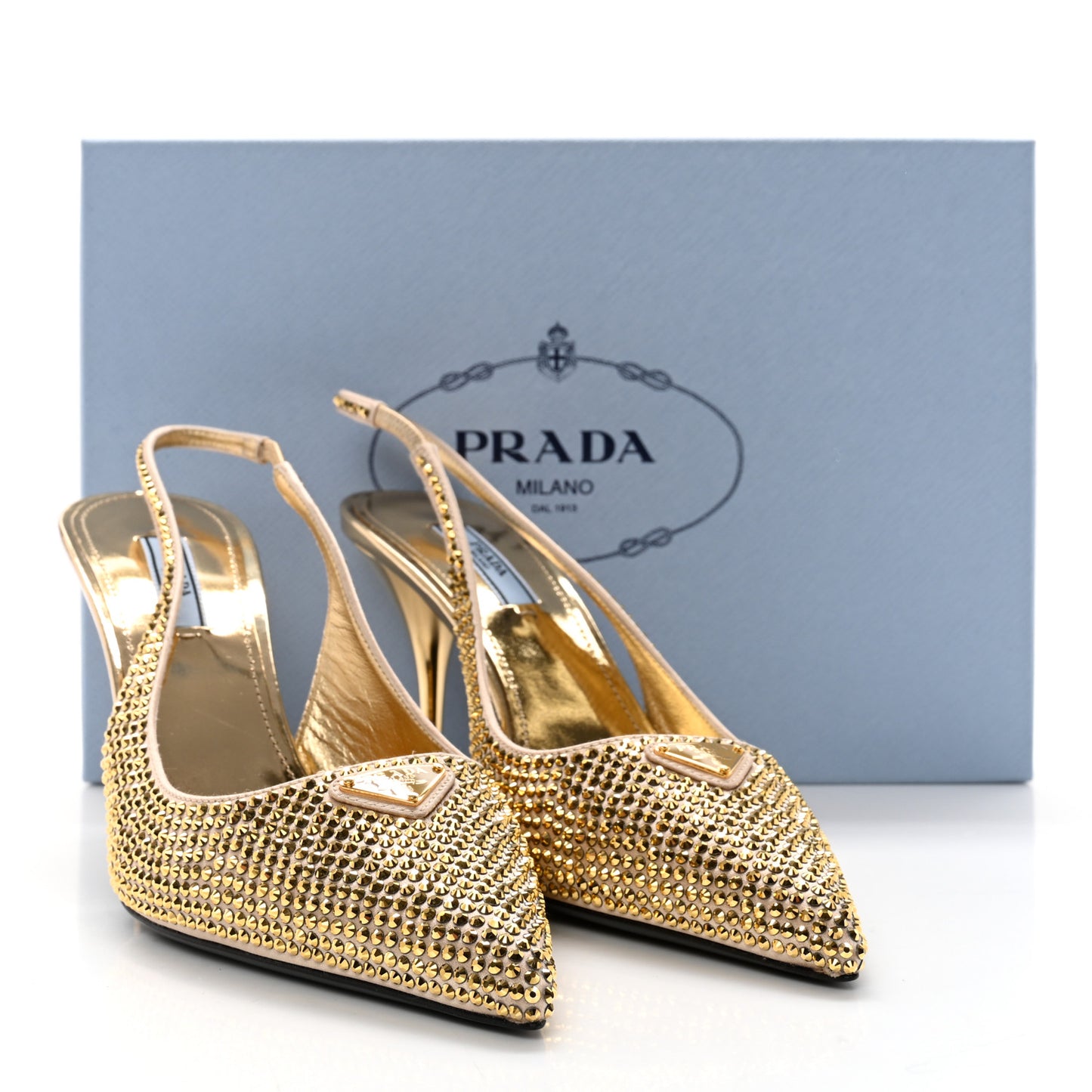 Satin Crystal Triangle Logo 85mm Slingback Pumps 39 Platino