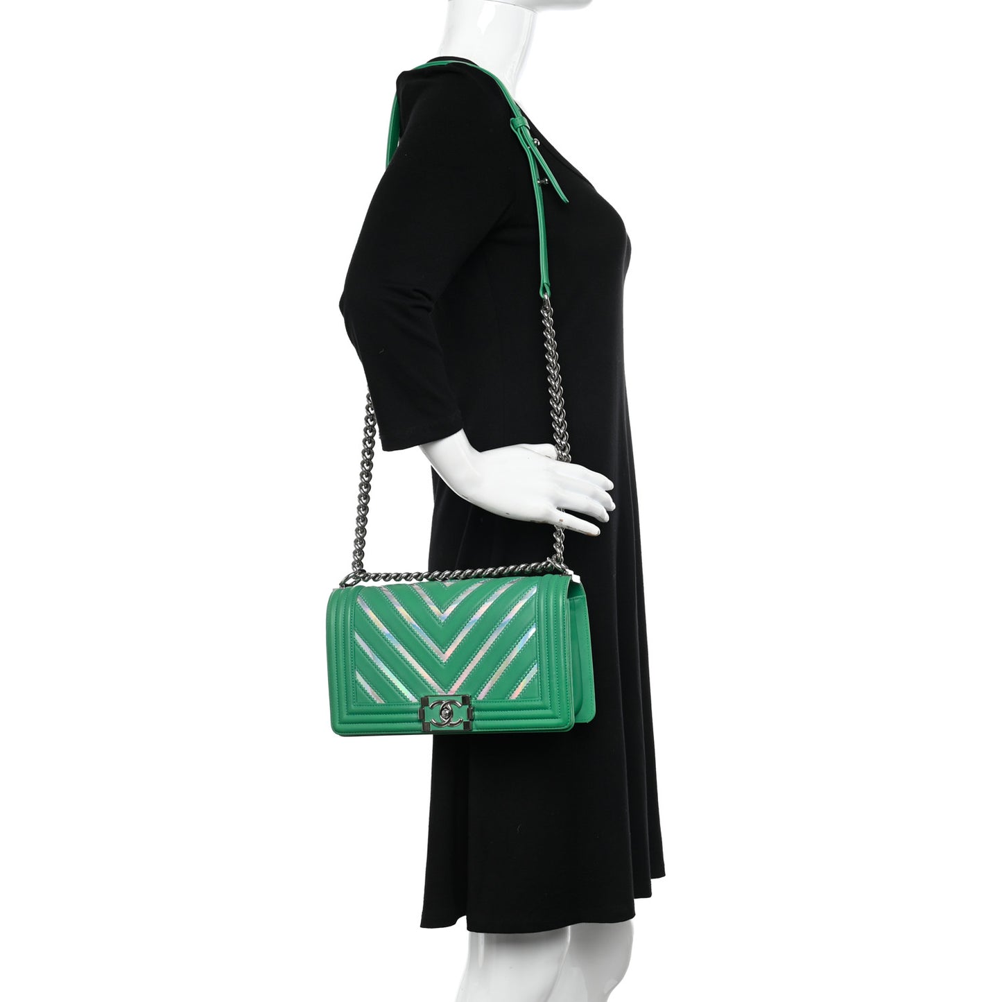 Lambskin Iridescent PVC Chevron Quilted Medium Boy Flap Green Silver