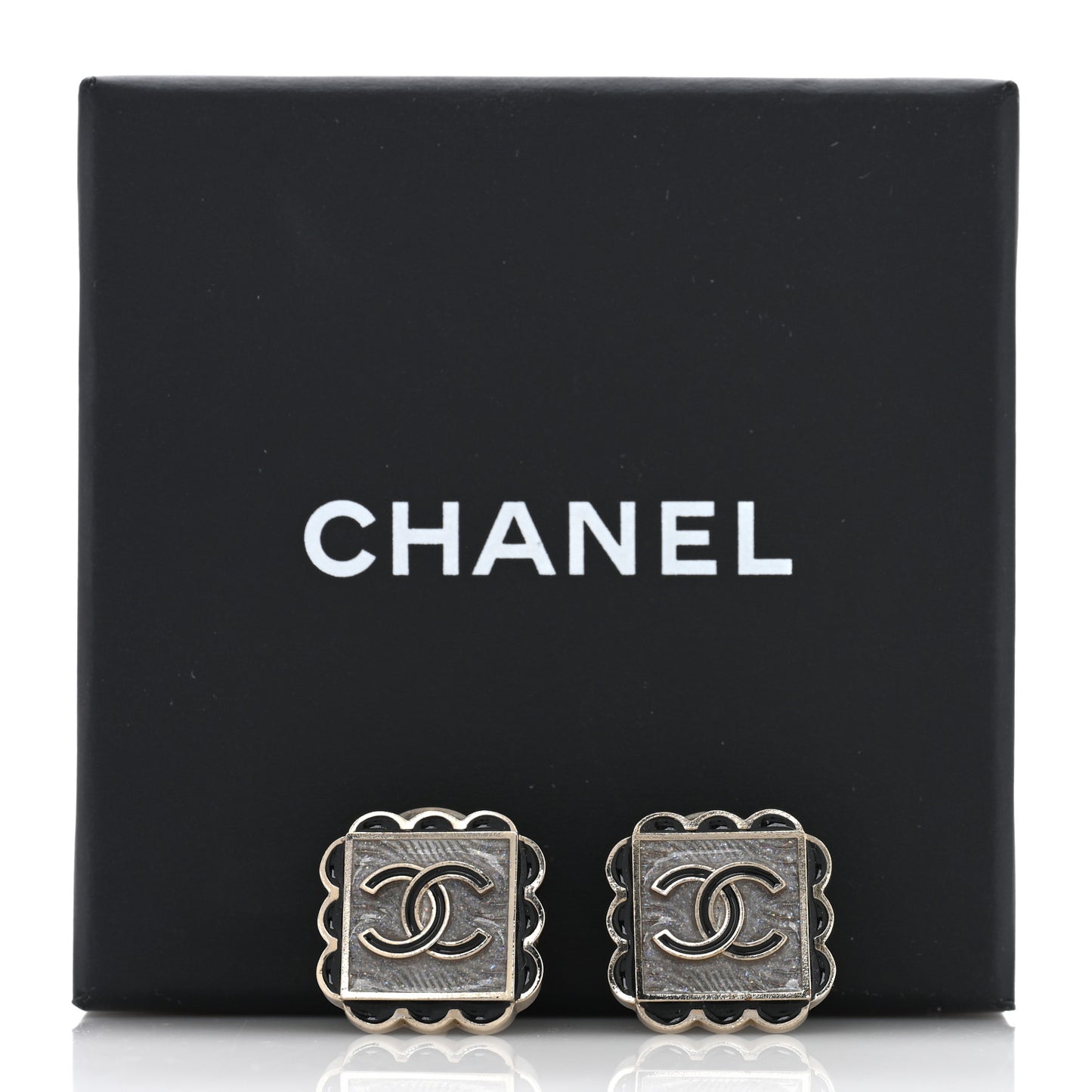 Resin CC Square Clip On Earrings Gold Black
