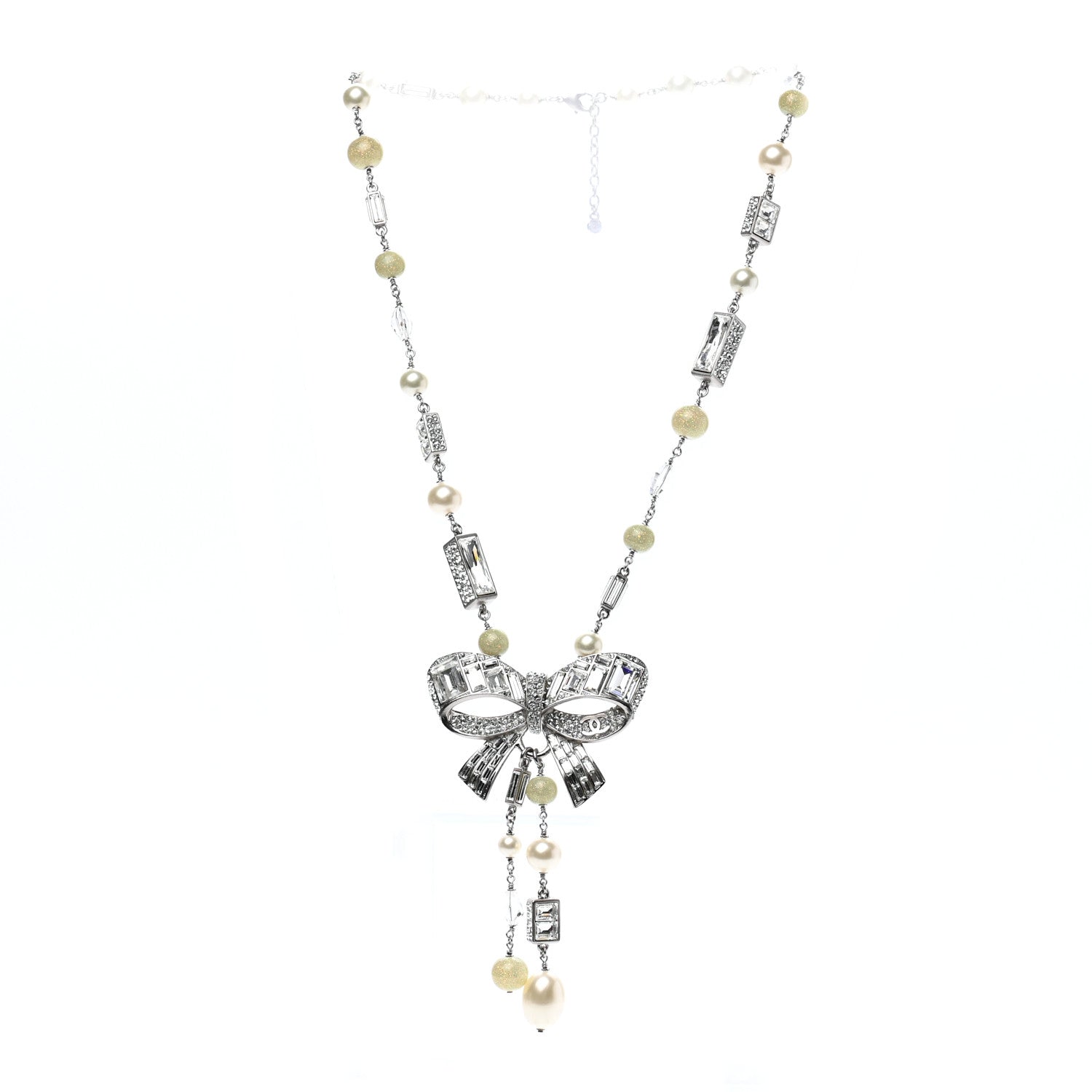 Chanel Crystal Baguette Pearl Bow Necklace Silver 3 of 8
