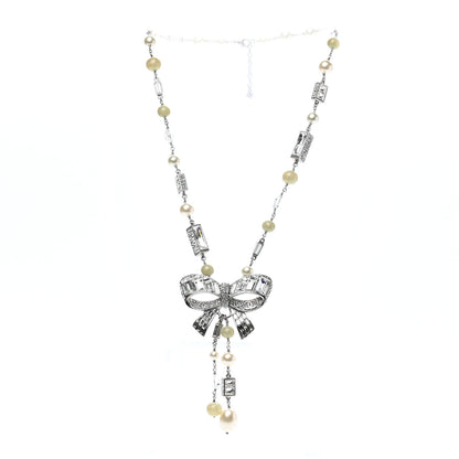 Chanel Crystal Baguette Pearl Bow Necklace Silver 3 of 8