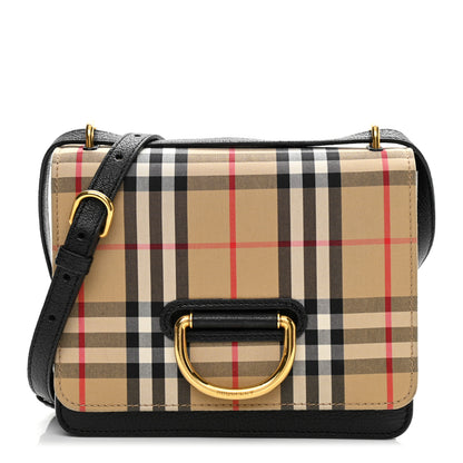 Burberry Goatskin Cotton Canvas Vintage Check Small D-Ring Bag Black Antique Yellow 1 of 13