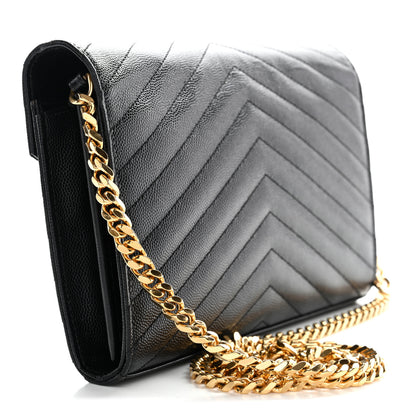 Saint Laurent Grain De Poudre Matelasse Chevron Monogram Chain Wallet Black 7 of 34