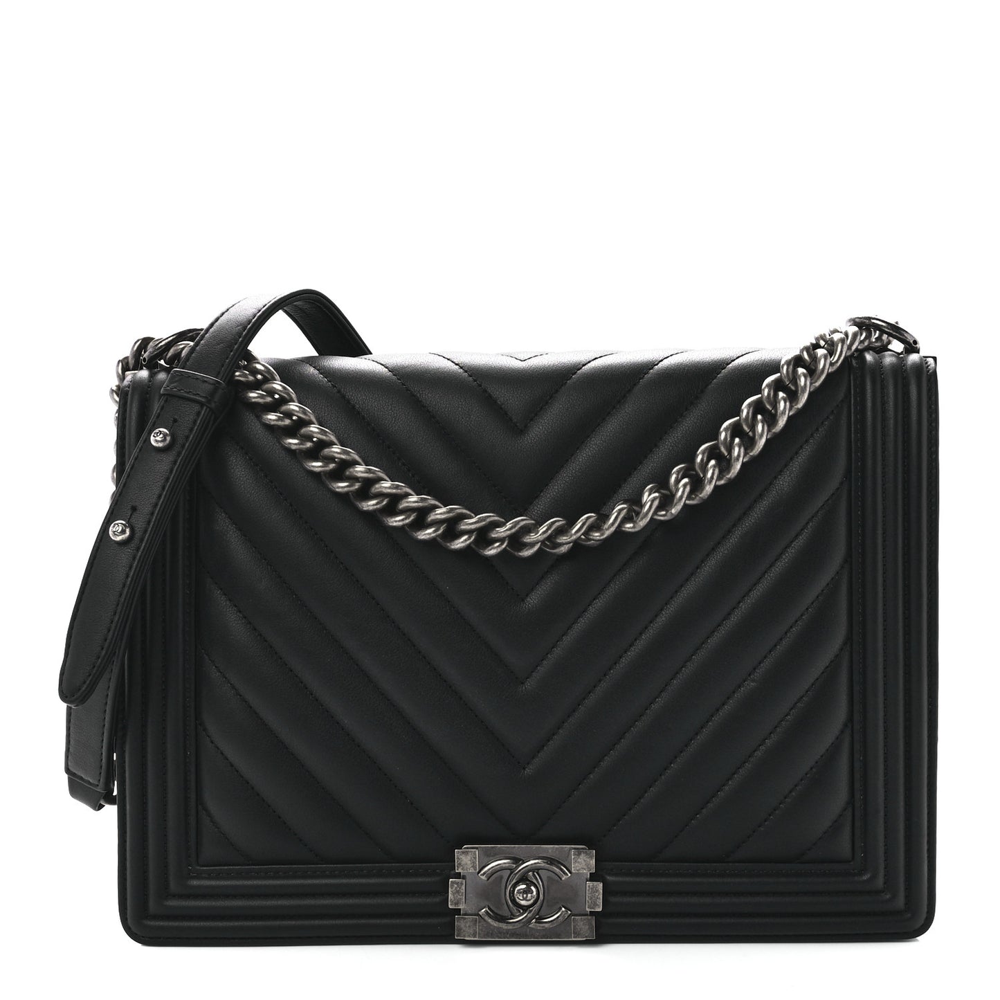 Calfskin Chevron Quilted Large Boy Flap Black