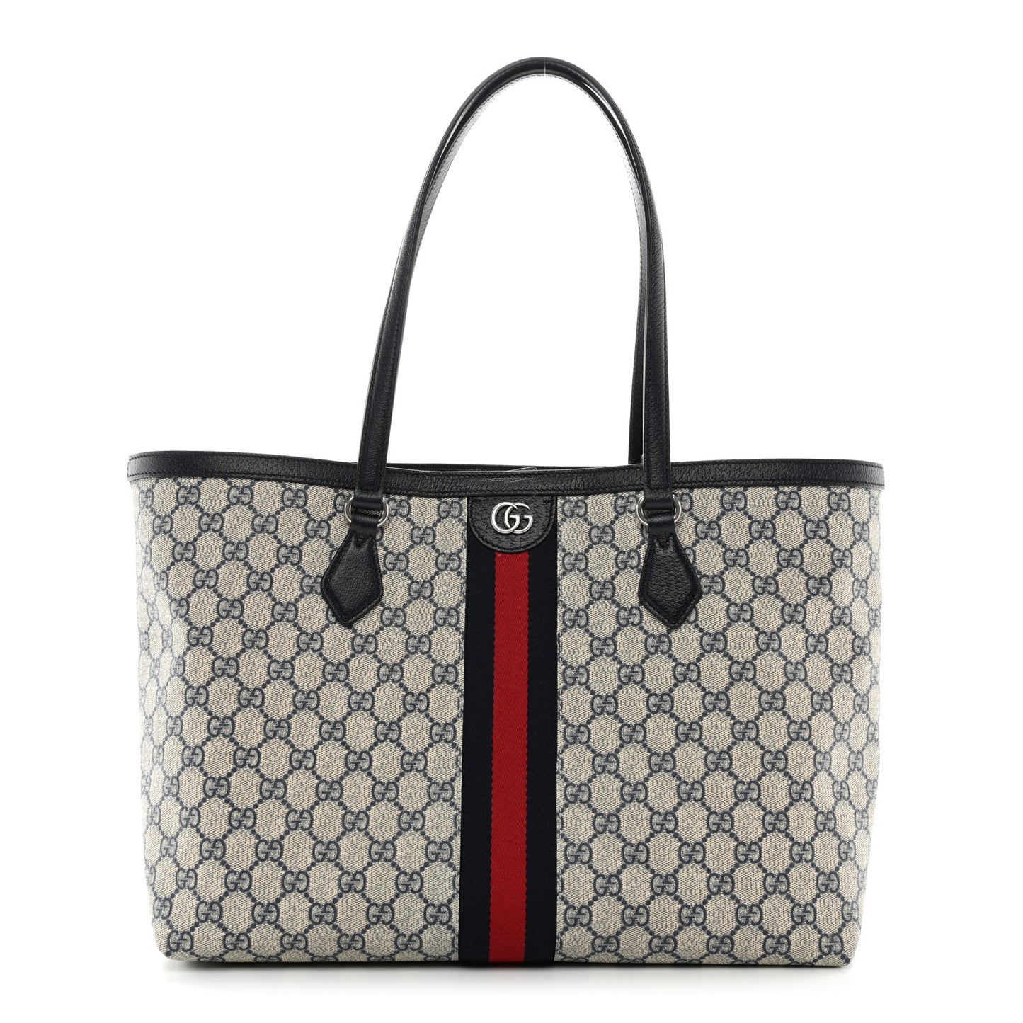 GG Supreme Monogram Textured Calfskin Web Medium Ophidia Shopping Tote Beige Blue