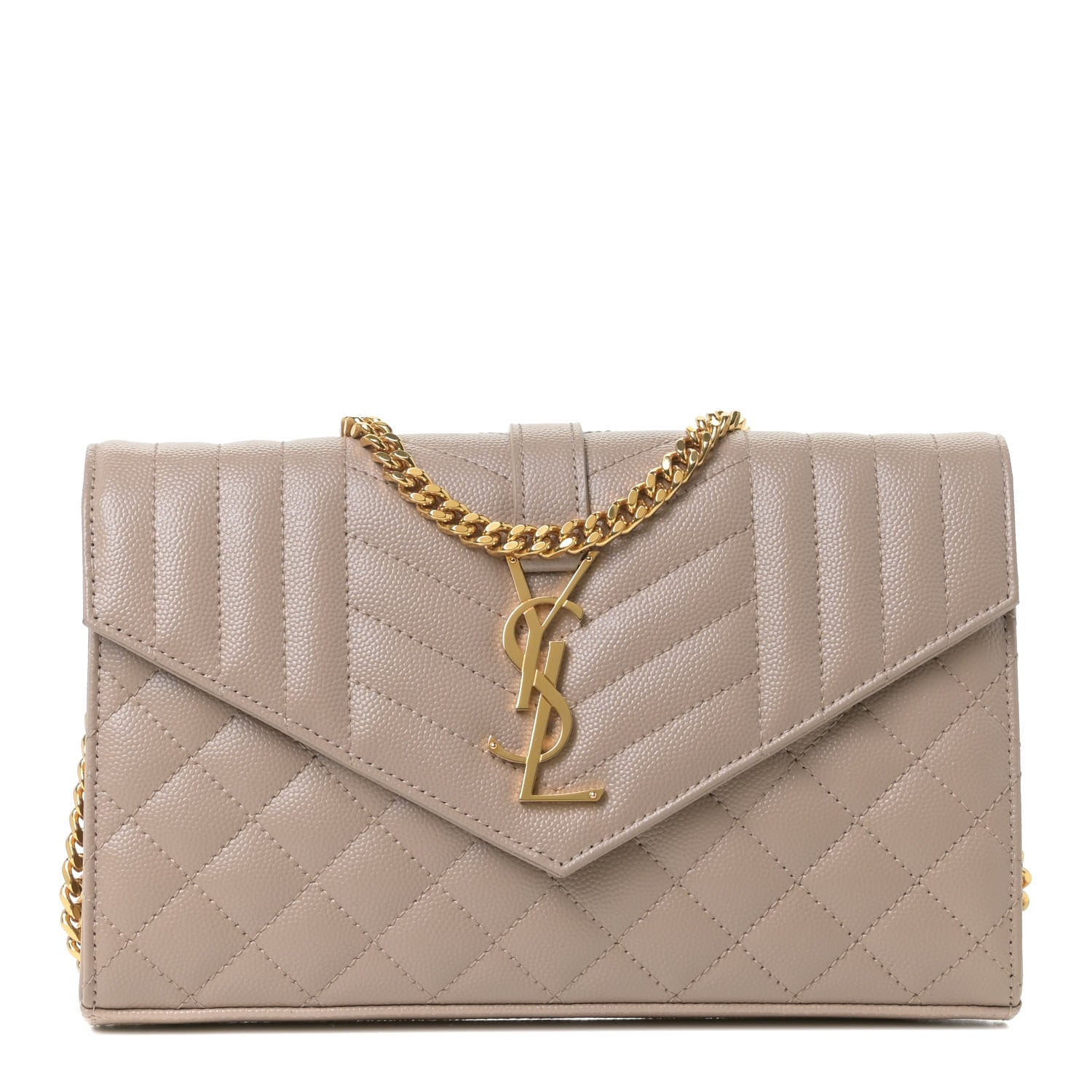 Saint Laurent Grain De Poudre Mixed Matelasse Triquilt Monogram Chain Wallet Dark Beige 1 of 11