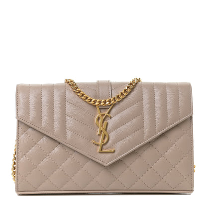 Saint Laurent Grain De Poudre Mixed Matelasse Triquilt Monogram Chain Wallet Dark Beige 1 of 11