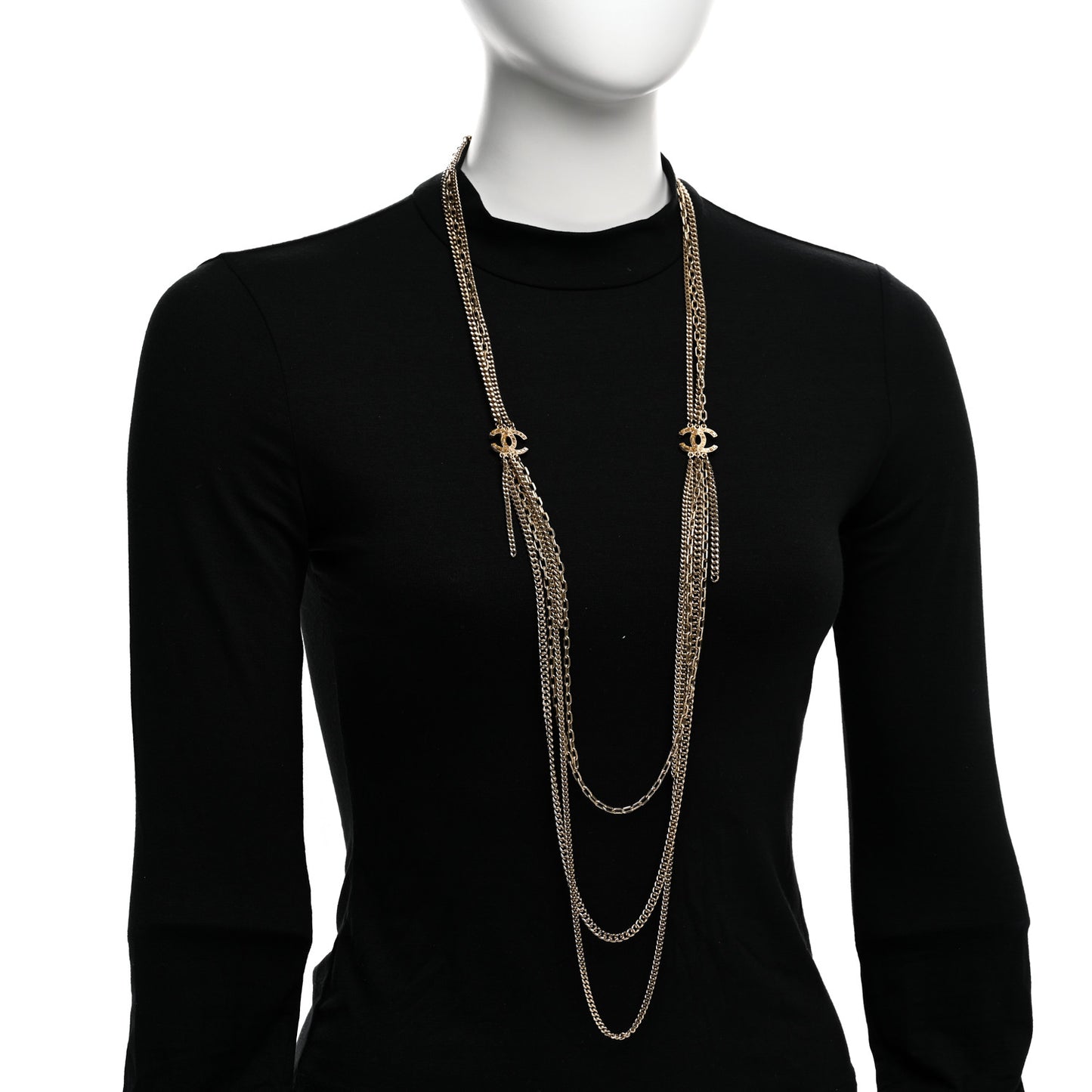 Baguette Crystal Gripoix Poured Glass CC Multi Strand Chain Necklace Light Gold