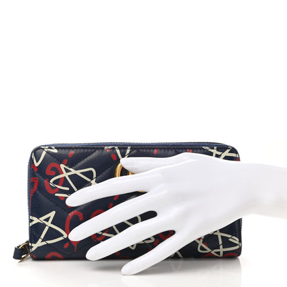 Gucci Calfskin Matelasse GucciGhost GG Marmont Zip Around Wallet Blue Agata Hibiscus Red 2 of 7