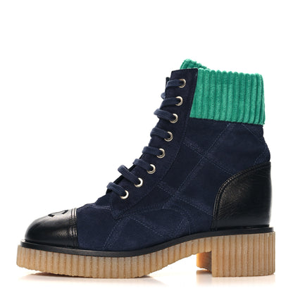 Chanel Suede Calfskin Velvet Quilted CC Combat Boots 37 Navy Green Black 1 of 9
