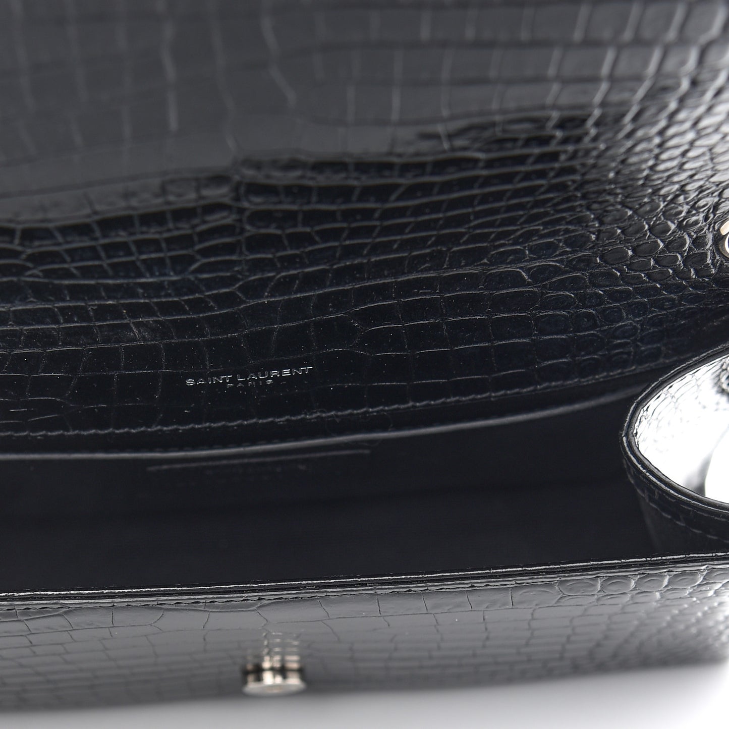Calfskin Crocodile Embossed Medium Classic Monogram Kate Tassel Satchel Black