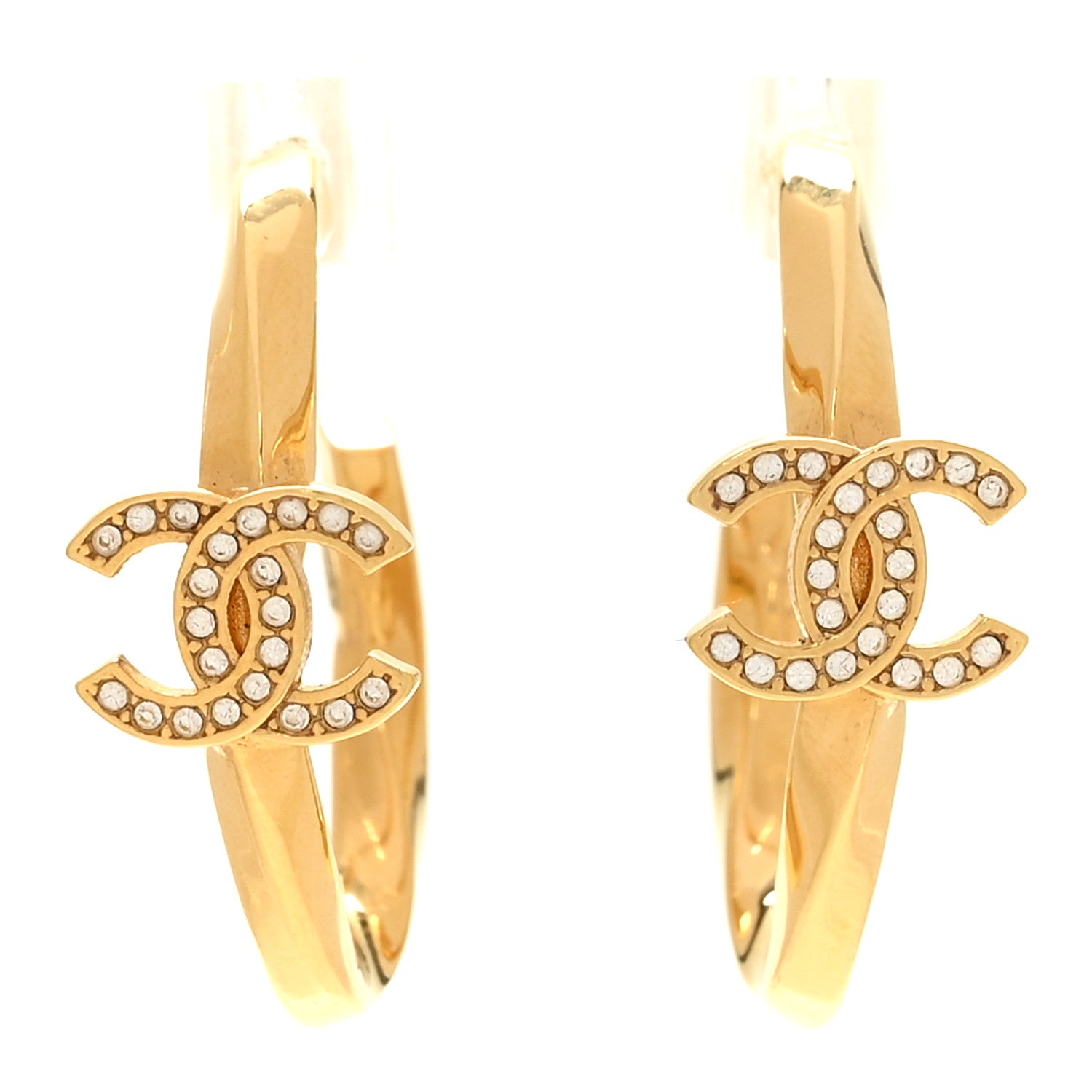Chanel Metal Crystal Studded CC Hoop Earrings Gold 1 of 4