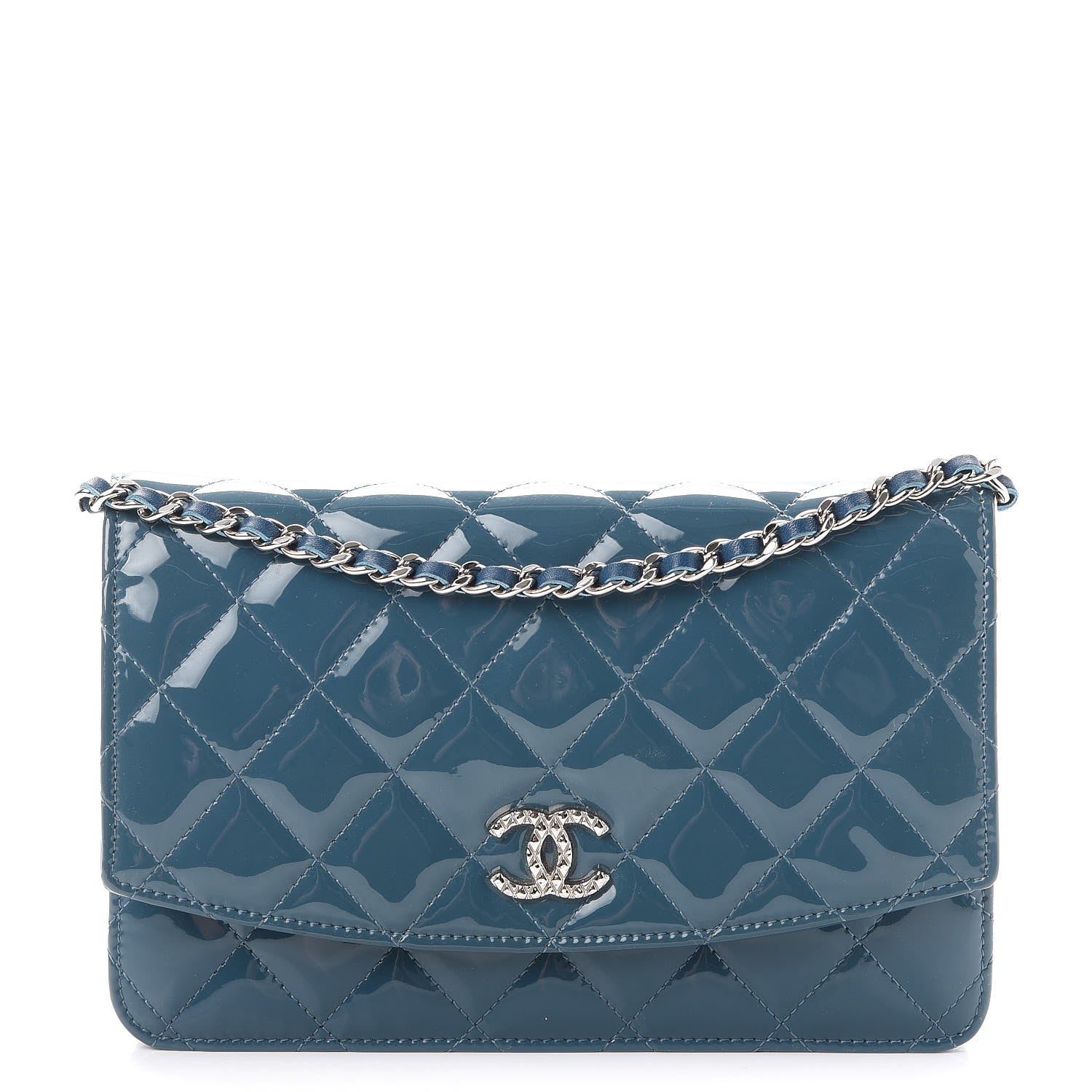 Chanel Patent Quilted Brilliant Wallet On Chain WOC Blue 1 of 13