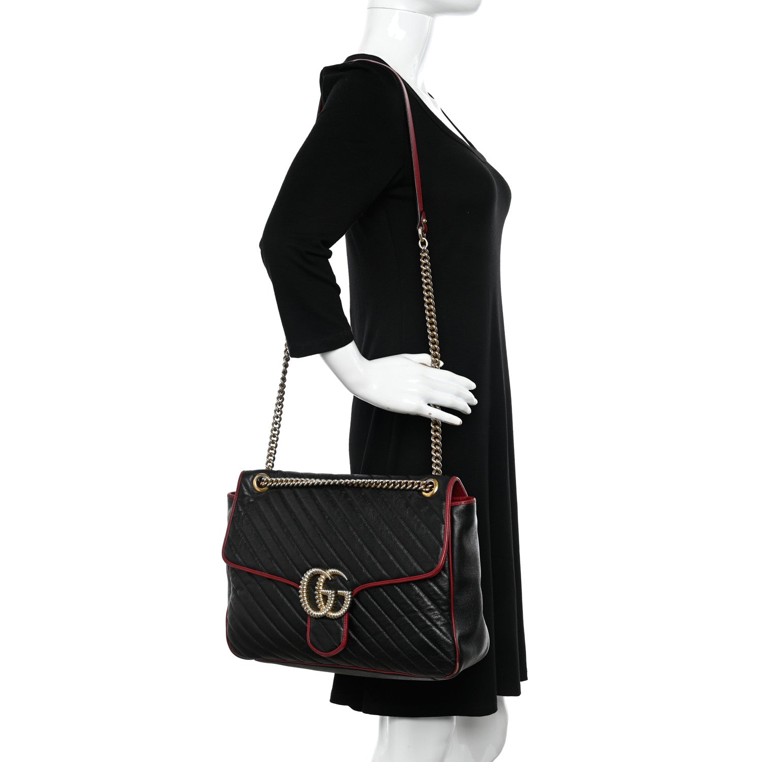 Gucci Vintage Effect Calfskin Matelasse Diagonal Large Torchon GG Marmont Shoulder Bag Black Romantic Cherry 2 of 12