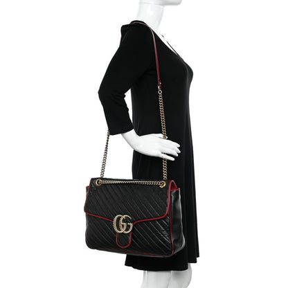 Gucci Vintage Effect Calfskin Matelasse Diagonal Large Torchon GG Marmont Shoulder Bag Black Romantic Cherry 2 of 12