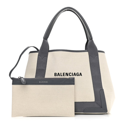 Balenciaga Cotton Canvas Satin Calfskin S Navy Cabas Natural Grey 1 of 12