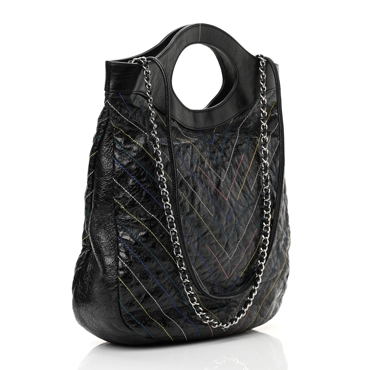 Glazed Calfskin Chevron Stitched Large 31 Shopping Bag Black
