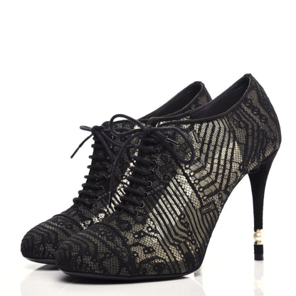 Chanel Lace Mesh Kid Suede Pearl Lace Up Booties 38.5 Black 3 of 11
