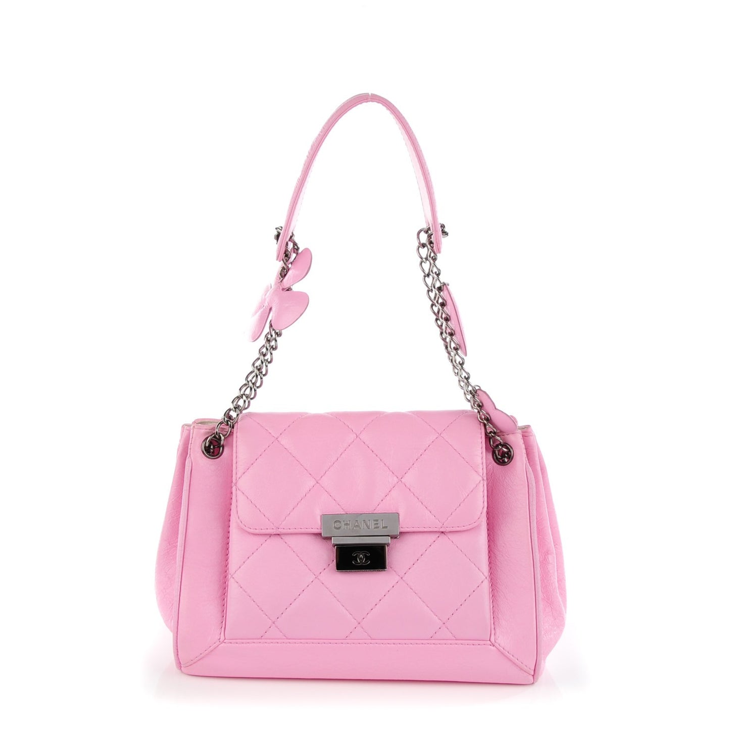 Glazed Calfskin Quilted Lucky Charms Accordion Flap Pink