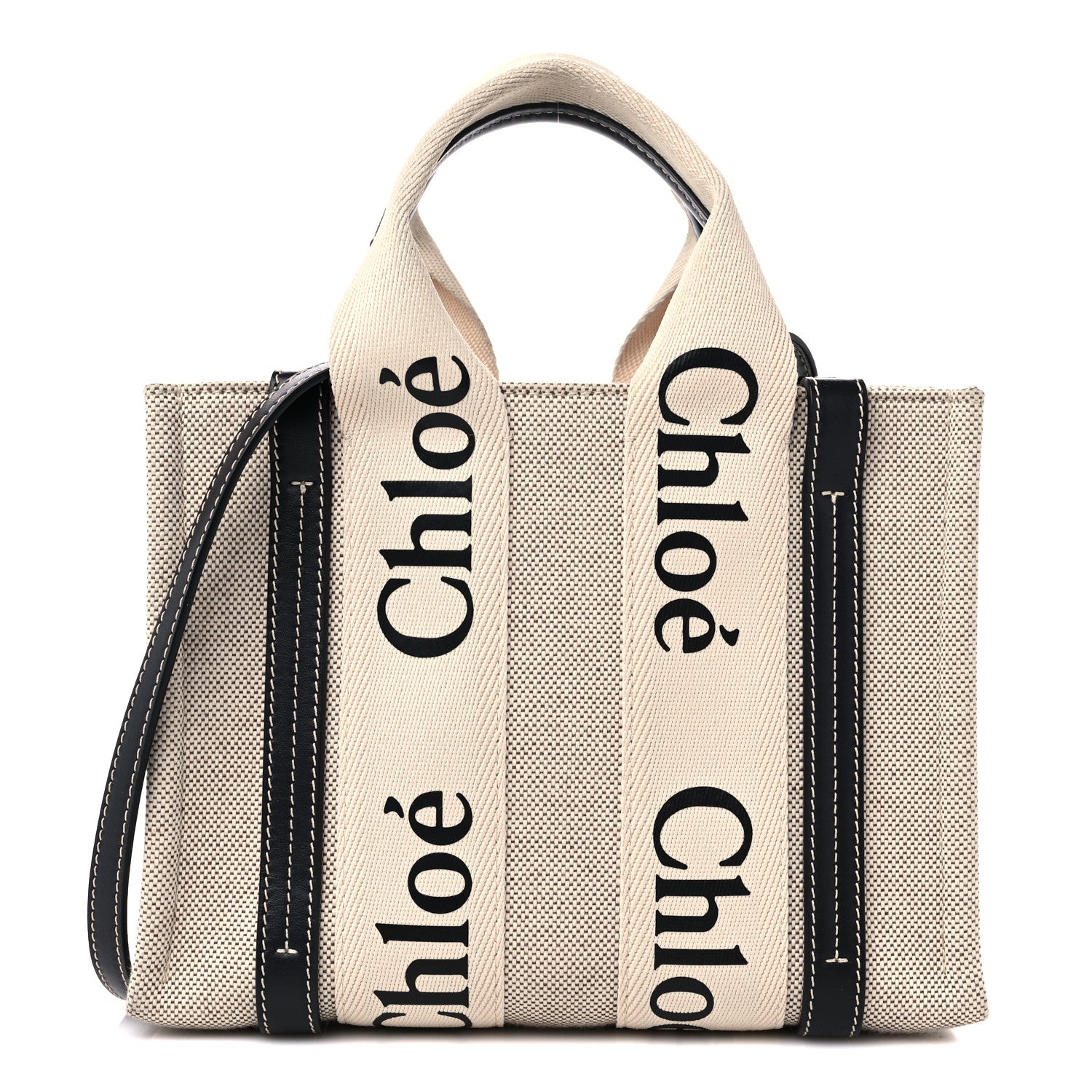 Chloe Cotton Calfskin Small Woody Ribbon Tote With Strap White Navy 1 of 9