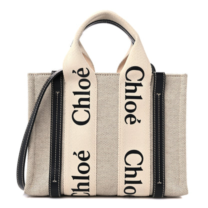 Chloe Cotton Calfskin Small Woody Ribbon Tote With Strap White Navy 1 of 9
