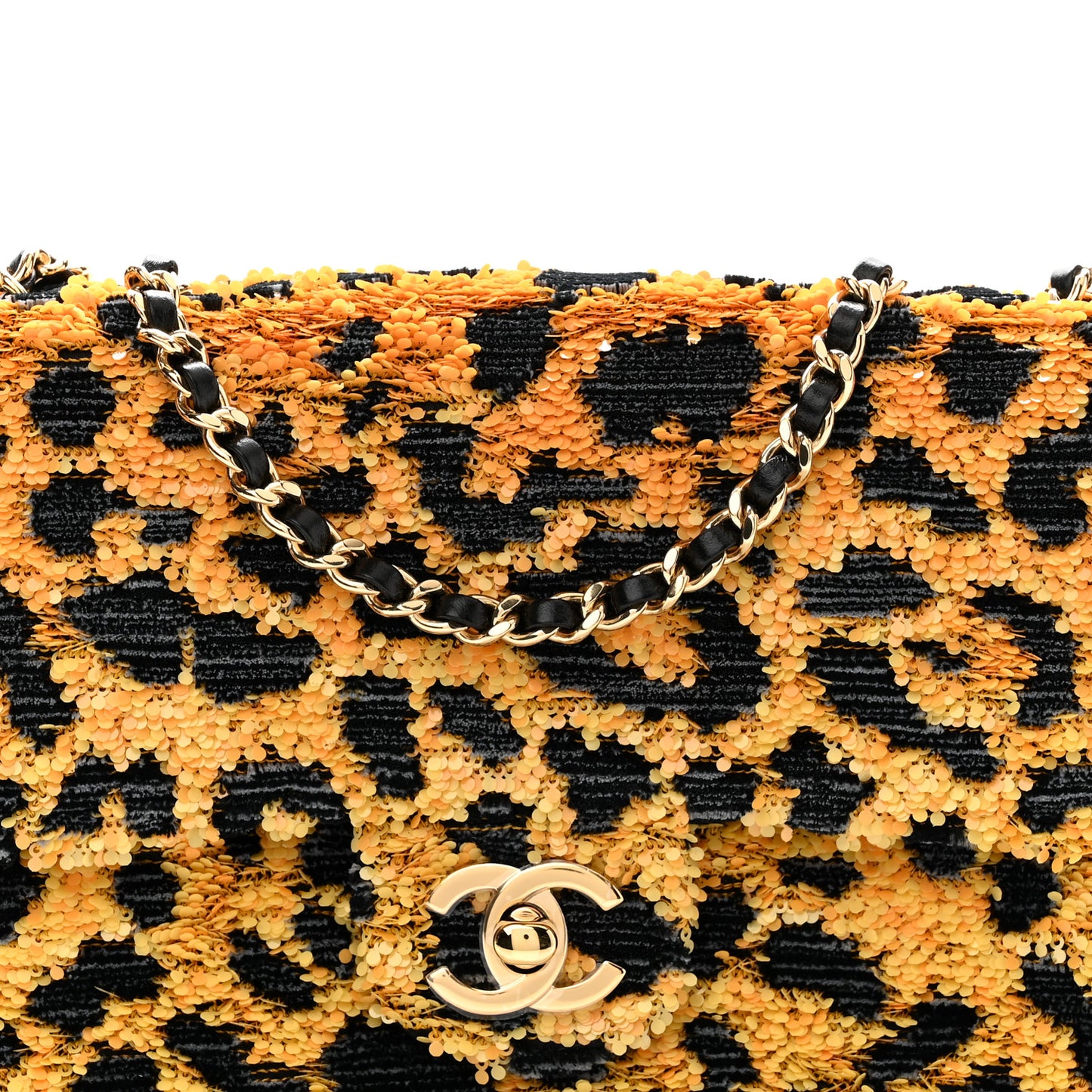 Sequin Mixed Fibers Leopard Print Mini Rectangular Flap Black Orange