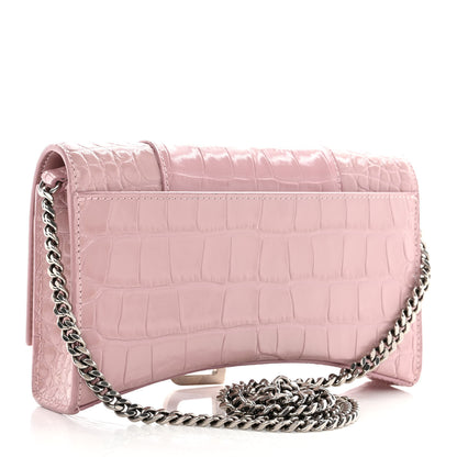 Balenciaga Shiny Calfskin Crocodile Embossed Hourglass Chain Bag Powder Pink 3 of 9