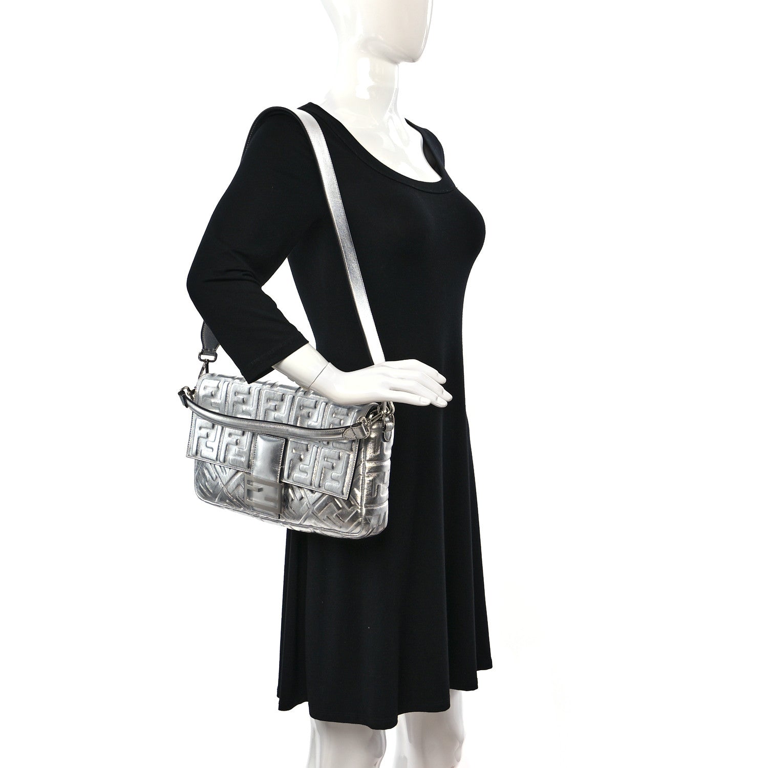 Fendi Vitello Catalan Mirror FF 1974 Embossed Large Baguette Argento 2 of 8