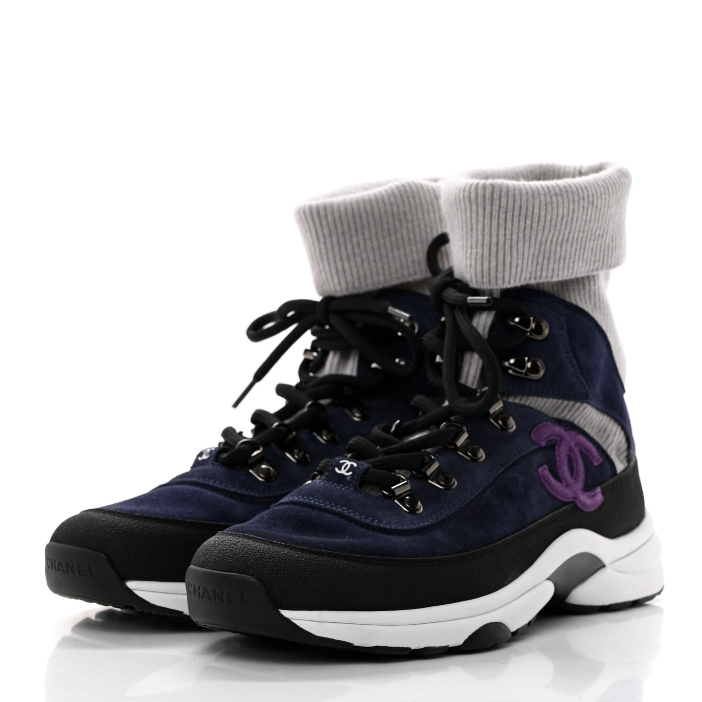 Suede Calfskin Knit CC Sneakers 38 Navy Purple Black Grey