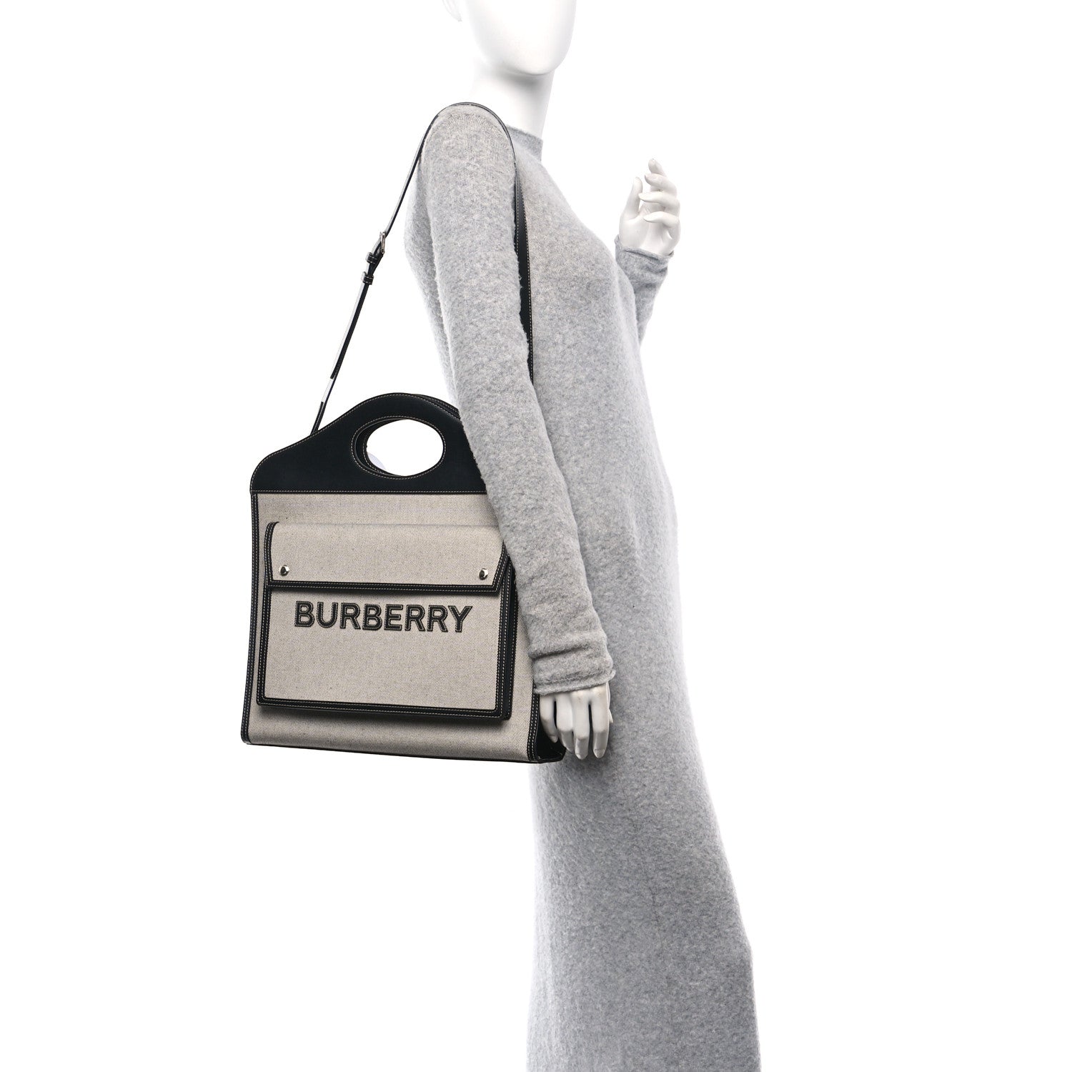 Burberry Canvas Smooth Calfskin Two Tone Medium Pocket Bag Black White 2 of 12