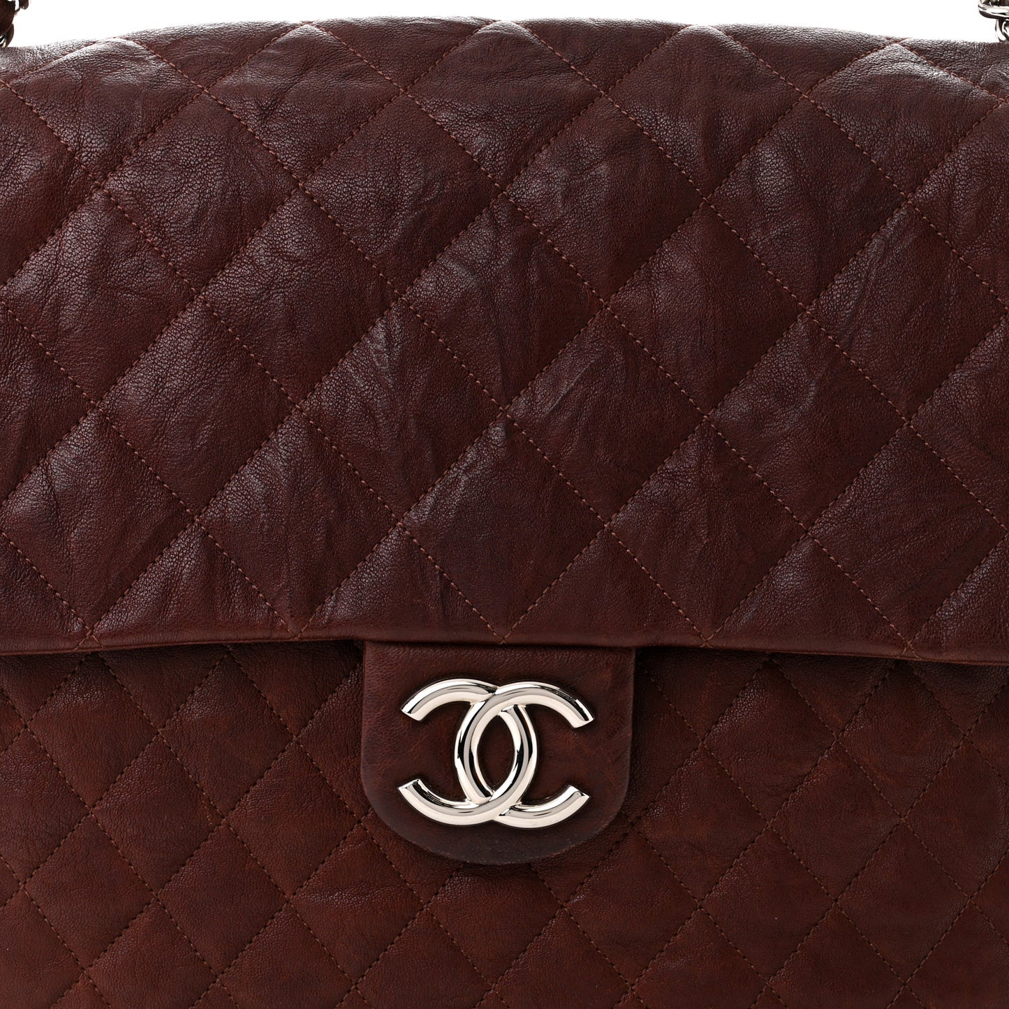 Washed Lambskin Quilted Chain Around Maxi Flap Dark Brown
