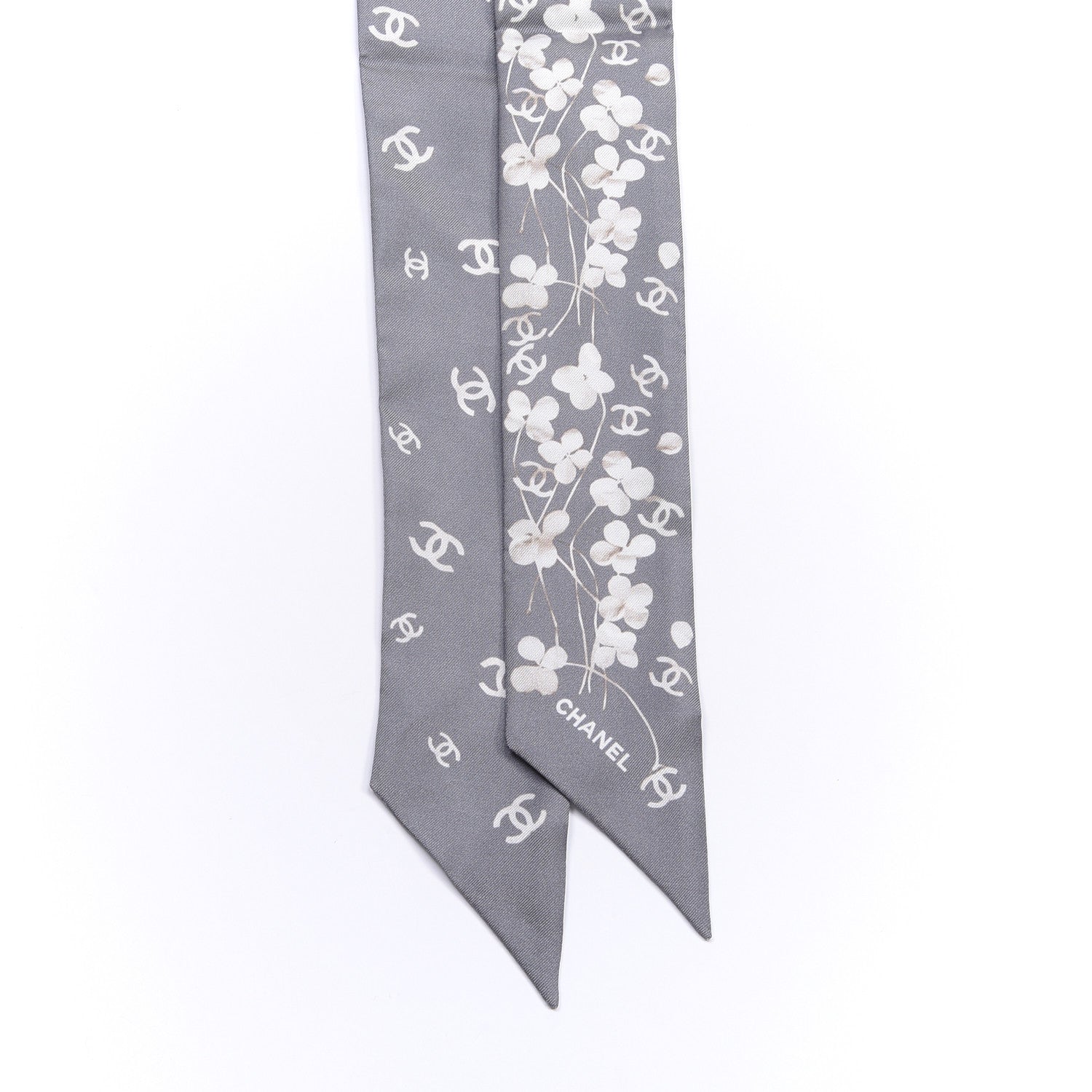 Chanel Silk CC Slim Bandeau Scarf Gray Ecru 2 of 3