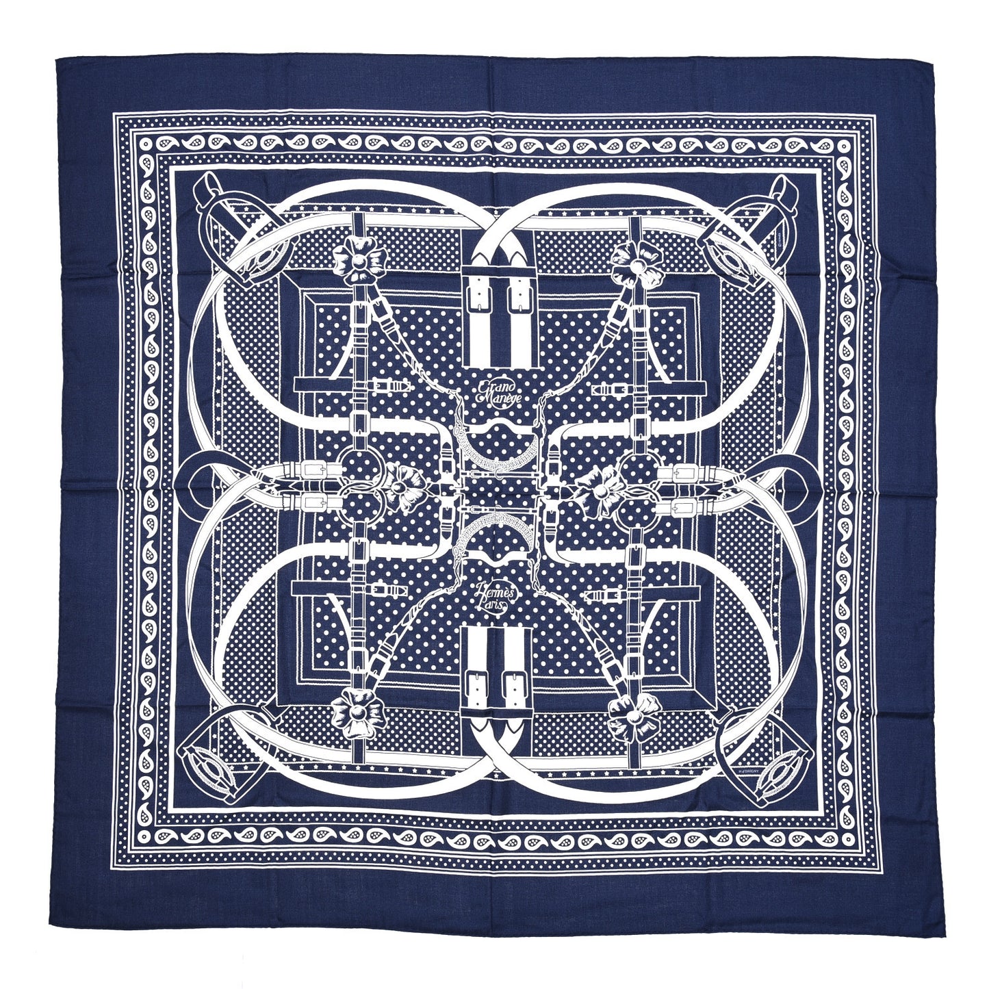 Silk Cashmere Grand Manege Bandana Shawl 140 Marine Blanc