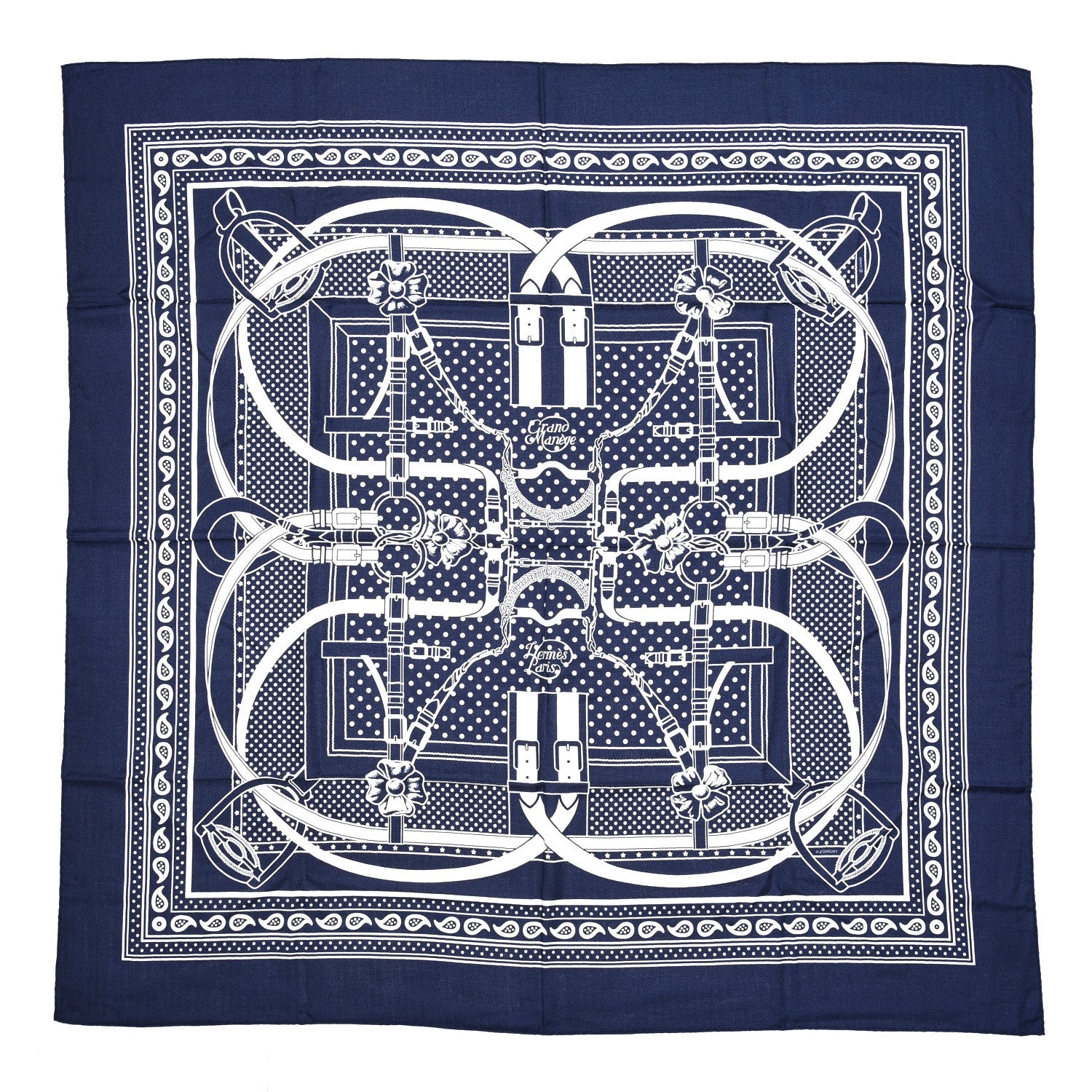 Hermes Silk Cashmere Grand Manege Bandana Shawl 140 Marine Blanc 1 of 8