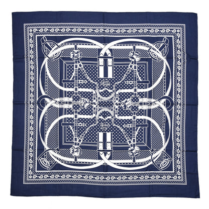 Hermes Silk Cashmere Grand Manege Bandana Shawl 140 Marine Blanc 1 of 8