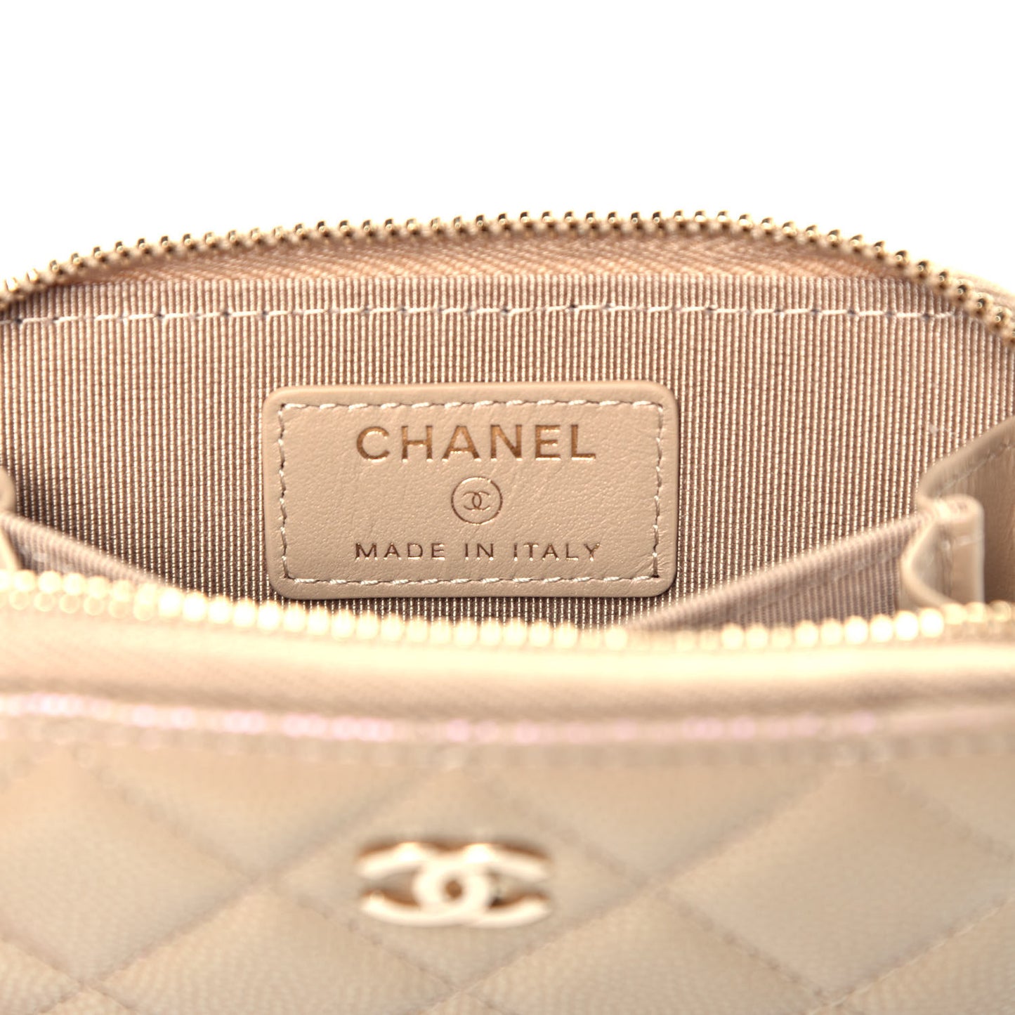 Iridescent Caviar Quilted Zip Around Coin Purse Wallet Beige