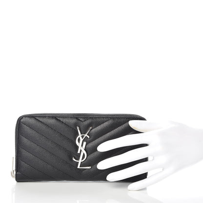 Saint Laurent Grain De Poudre Matelasse Chevron Monogram Zip Around Wallet Black 2 of 10