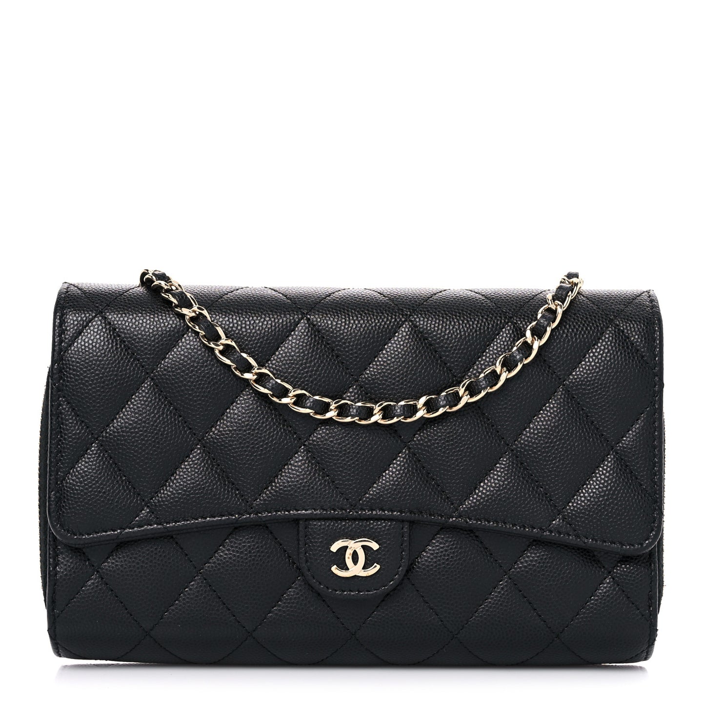 Caviar Quilted Phone Holder Wallet on Removable Chain Black