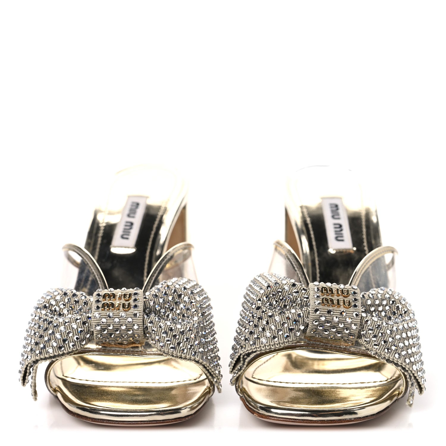 Miu Miu Metallic Calfskin Crystal Bow Sandals 35 Pirite 3 of 8