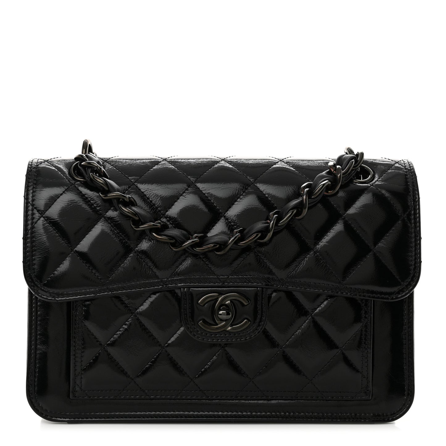 Shiny Crumpled Calfskin Quilted Large Double You Flap So Black