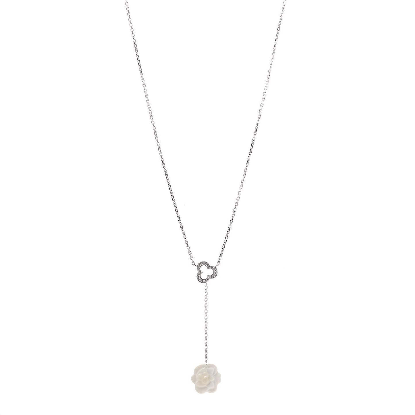 18K White Gold Diamond Agate Camelia Sculpte Pendant Necklace